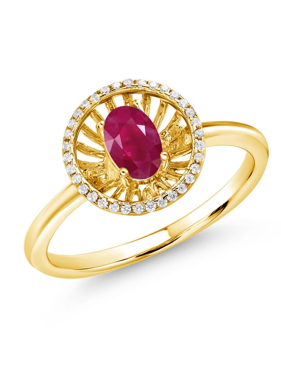 18K Yellow Gold Plated Silver Red Ruby Ring for Women (1.08 Cttw, Oval 6X4MM, Gemstone July Birthstone, Size 6)