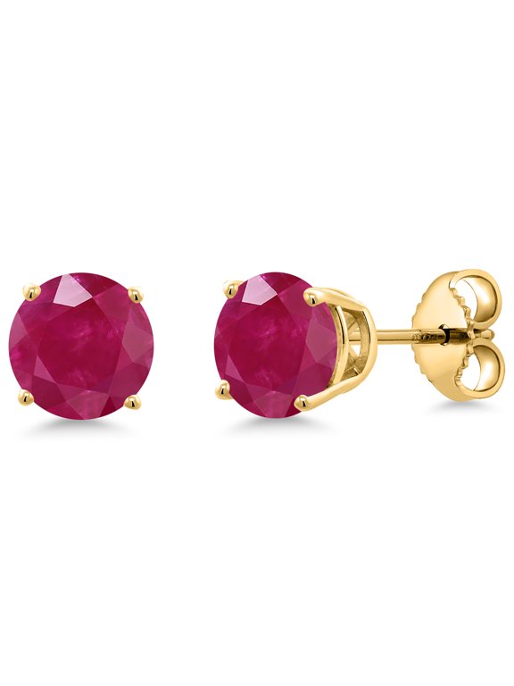 18K Yellow Gold Plated Silver Red Ruby Stud Earrings for Women | 2.00 Cttw | Gemstone July Birthstone | Round 6MM
