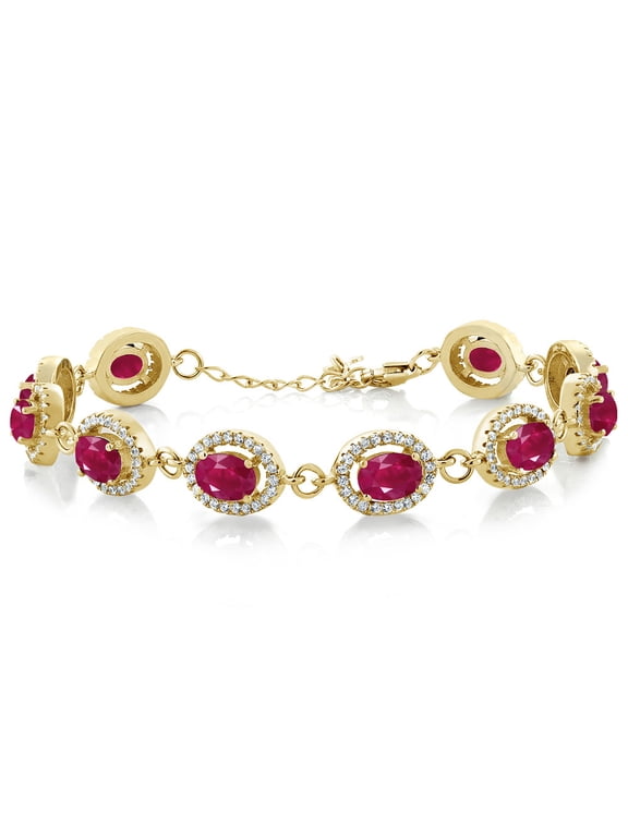 18K Yellow Gold Plated Silver Red Ruby Tennis Bracelet for Women (13.08 Cttw, Gemstone July Birthstone, Oval 7X5MM, 7.5 inch)