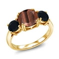 thumbnail image 1 of Gem Stone King 18K Yellow Gold Plated Silver Red Tiger Eye and Black Onyx 3 Stone Engagement Ring for Women (2.95 Cttw, Gemstone, Cushion 8MM, Size 7), 1 of 5