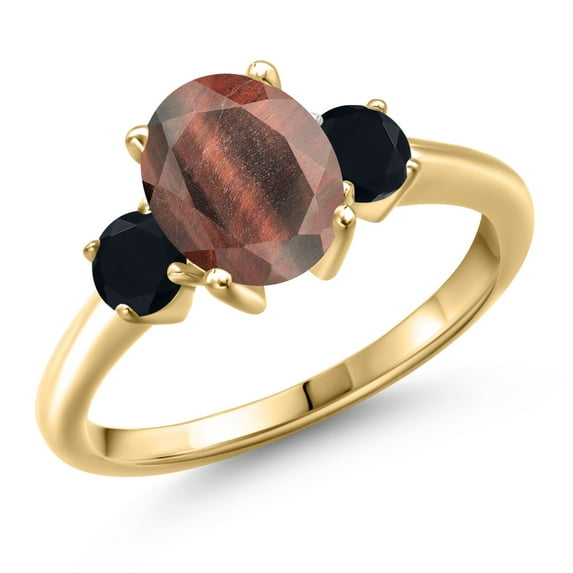 Gem Stone King 18K Yellow Gold Plated Silver Red Tiger Eye and Black Onyx Engagement Ring for Women | 1.94 Cttw | Oval 9X7MM | Gemstone Birthstone | Size 5