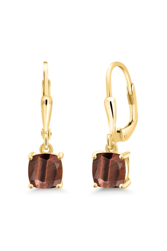 18K Yellow Gold Plated Silver Red Tiger Eye Dangle Earrings for Women (2.00 Cttw, Gemstone Birthstone, Cushion 6MM)