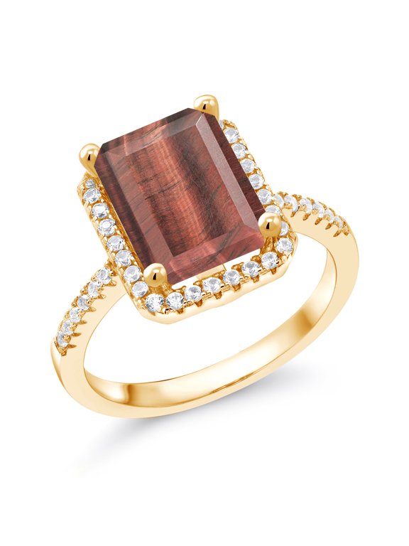 18K Yellow Gold Plated Silver Red Tiger Eye Engagement Ring for Women (3.36 Cttw, Emerald Cut 10X8MM, Gemstone Birthstone, Size 8)