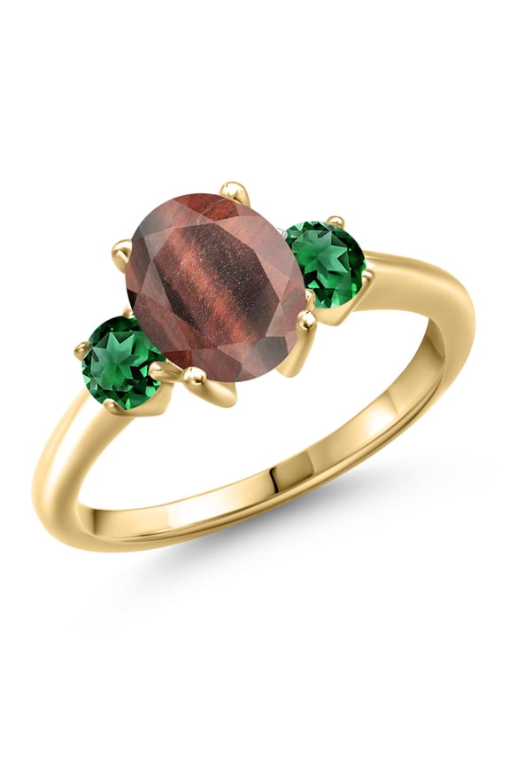 18K Yellow Gold Plated Silver Red Tiger Eye and Green Nano Emerald Engagement Ring for Women | 2.10 Cttw | Oval 9X7MM | Gemstone Birthstone | Size 7