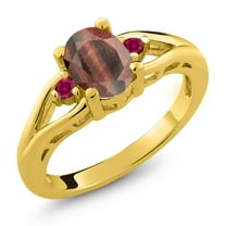 Gem Stone King 18K Yellow Gold Plated Silver Red Tiger Eye and Red Created Ruby 3 Stone Engagement Ring for Women | 1.35 Cttw | Oval 8X6MM | Round 2MM | Gemstone Birthstone | Size 8