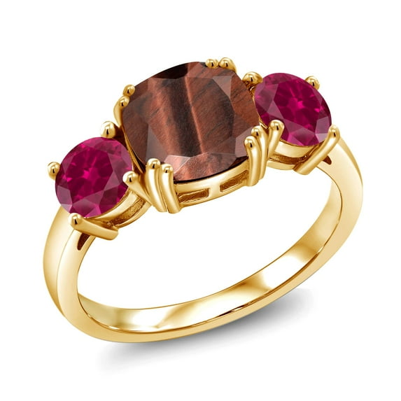 Gem Stone King 18K Yellow Gold Plated Silver Red Tiger Eye and Red Created Ruby 3 Stone Engagement Ring for Women (4.00 Cttw, Gemstone, Cushion 8MM, Size 5)