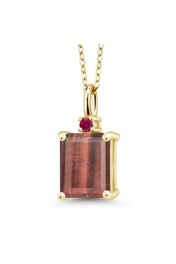 18K Yellow Gold Plated Silver Red Tiger Eye and Red Created Ruby Pendant Necklace for Women (3.05 Cttw, Gemstone Birthstone, Emerald Cut 10X8MM with 18 inch Silver Chain)