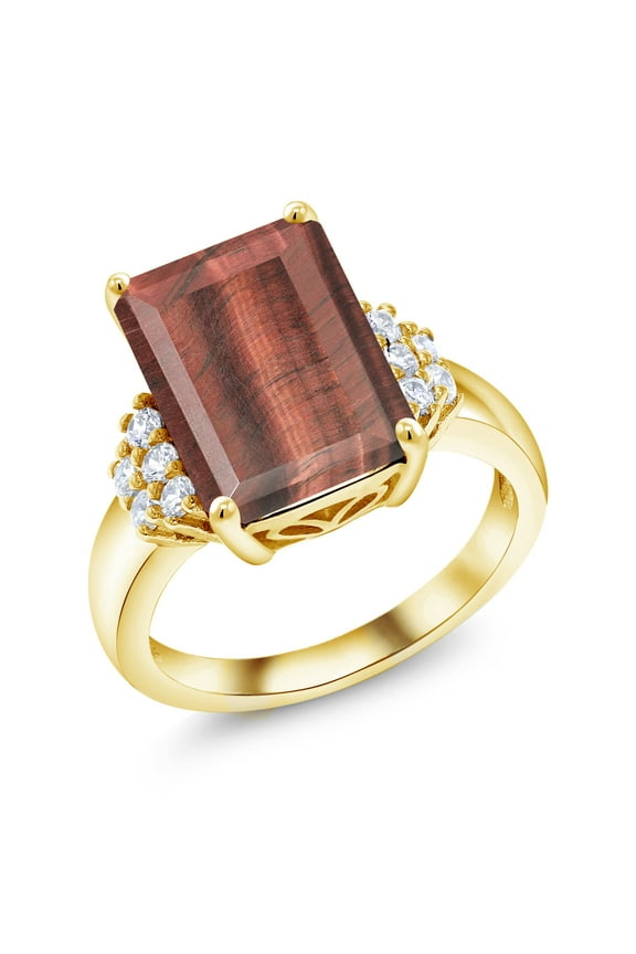 18K Yellow Gold Plated Silver Red Tiger Eye Ring for Women (6.80 Cttw, Gemstone Birthstone, Emerald Cut 14X10MM, Available in Size 5, 6, 7, 8, 9)