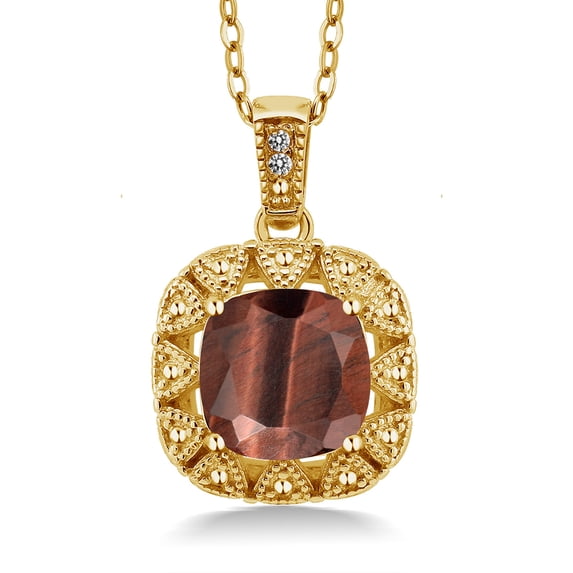 Gem Stone King 18K Yellow Gold Plated Silver Red Tiger Eye and White Diamond Pendant Necklace for Women (2.01 Cttw, Gemstone Birthstone, Cushion 8MM, with 18 inch Chain)