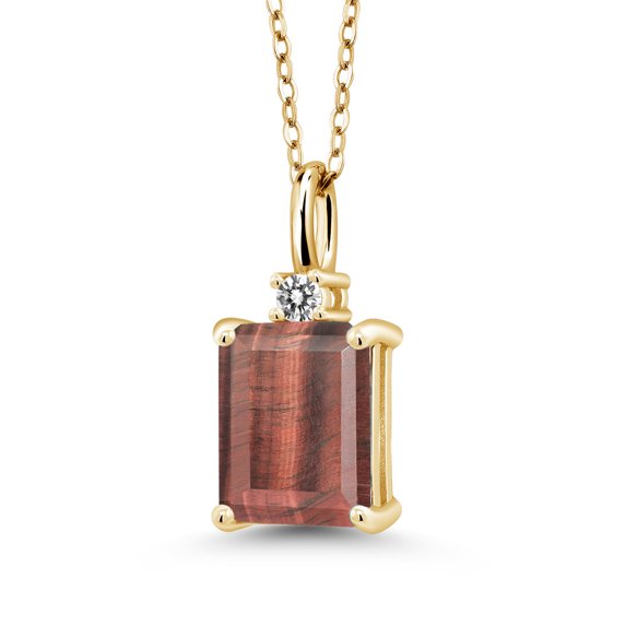 Gem Stone King 18K Yellow Gold Plated Silver Red Tiger Eye and White Diamond Pendant Necklace for Women | 2.03 Cttw | Gemstone Birthstone | Emerald Cut 9X7MM | With 18 inch Silver Chain