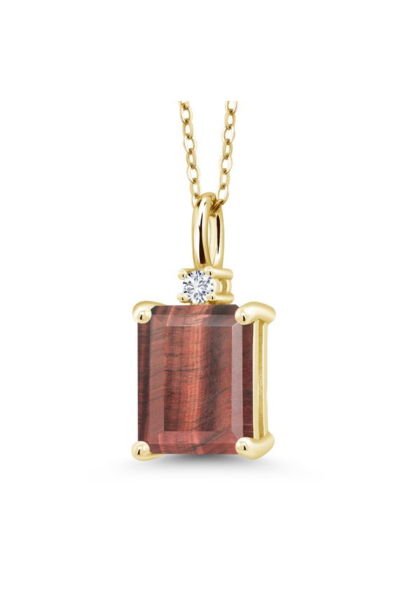 18K Yellow Gold Plated Silver Red Tiger Eye and White Lab Grown Diamond Pendant Necklace for Women (3.04 Cttw, Gemstone Birthstone, Emerald Cut 10X8MM with 18 inch Silver Chain)