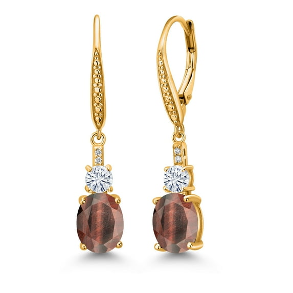 Gem Stone King 18K Yellow Gold Plated Silver Red Tiger Eye and White Moissanite Dangle Earrings for Women with Lab Grown Diamond (3.49 Cttw, Oval 9X7MM)