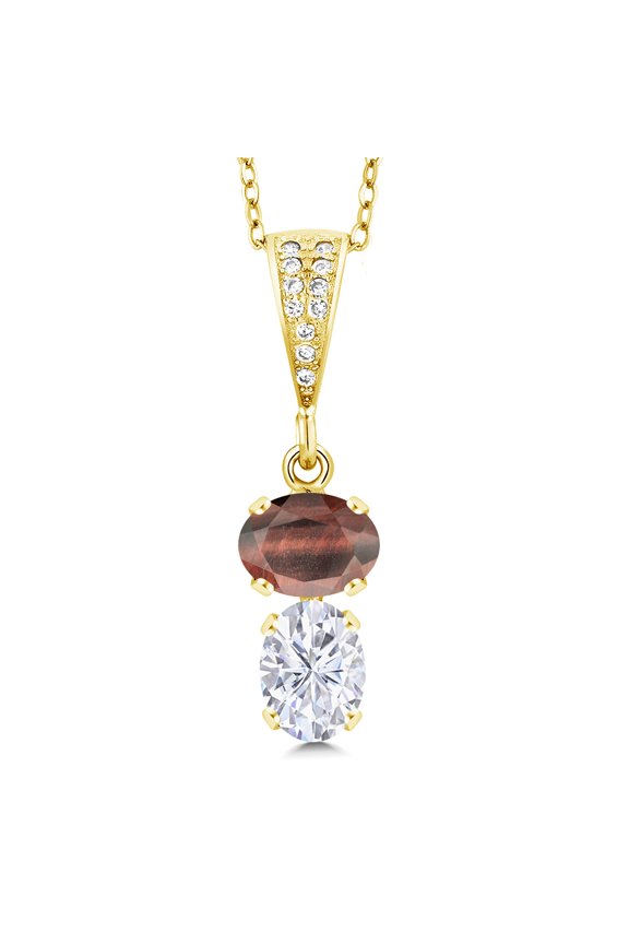 18K Yellow Gold Plated Silver Red Tiger Eye and White Moissanite Pendant Necklace for Women (2.82 Cttw, Gemstone, Oval 8x6MM, with 18 inch Chain)