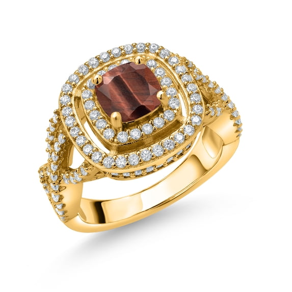 Gem Stone King 18K Yellow Gold Plated Silver Red Tiger Eye and White Moissanite Ring for Women (1.91 Cttw, Gemstone Birthstone, Cushion Cut 6MM, Size 8)
