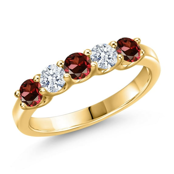 Gem Stone King 18K Yellow Gold Plated Silver Red Zirconia and White Zirconia Wedding-Bands Ring for Women | 1.16 Cttw | Round 3.5MM | Gemstone Birthstone | Size 5