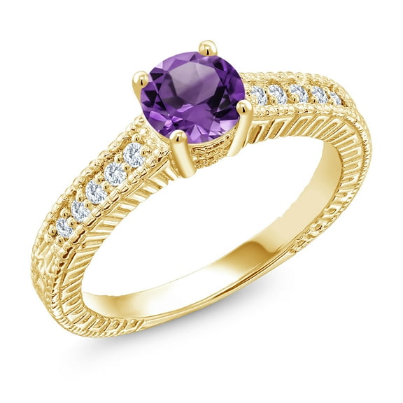 Gem Stone King 18K Yellow Gold Plated Silver Ring Round Purple Amethyst and Moissanite (1.15 Cttw, Size 5)