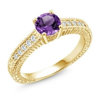 Gem Stone King 18K Yellow Gold Plated Silver Ring Round Purple Amethyst and Moissanite (1.15 Cttw, Size 5)