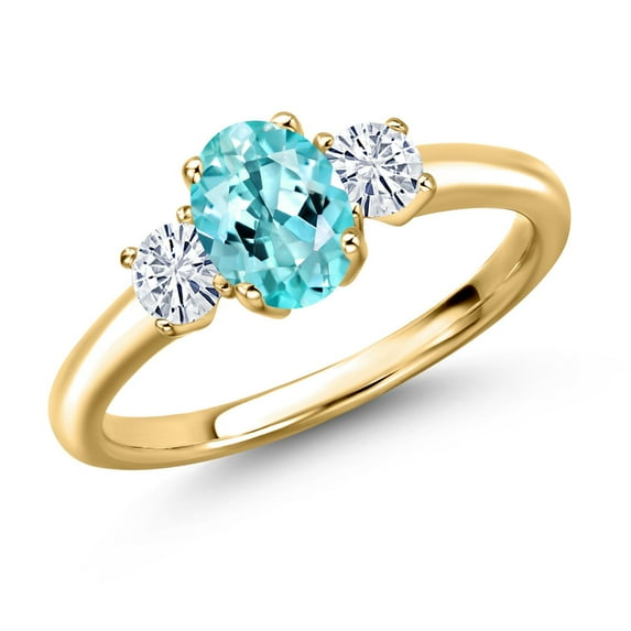 Gem Stone King 18K Yellow Gold Plated Silver Blue Apatite and White Moissanite Engagement Ring for Women | 1.14 Cttw | Oval 7X5MM | Gemstone Birthstone | Size 9
