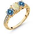 thumbnail image 1 of Gem Stone King 18K Yellow Gold Plated Silver 3-Stone Ring Oval/Cabochon White Ethiopian Opal and Vivid Persian Blue Moissanite (1.63 Cttw, Size 5), 1 of 6