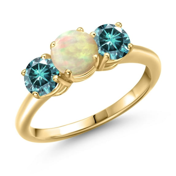 Gem Stone King 18K Yellow Gold Plated Silver White Ethiopian Opal and Blue Moissanite Engagement Ring for Women | 1.56 Cttw | Round Cabochon 6MM | Gemstone October Birthstone | Size 8