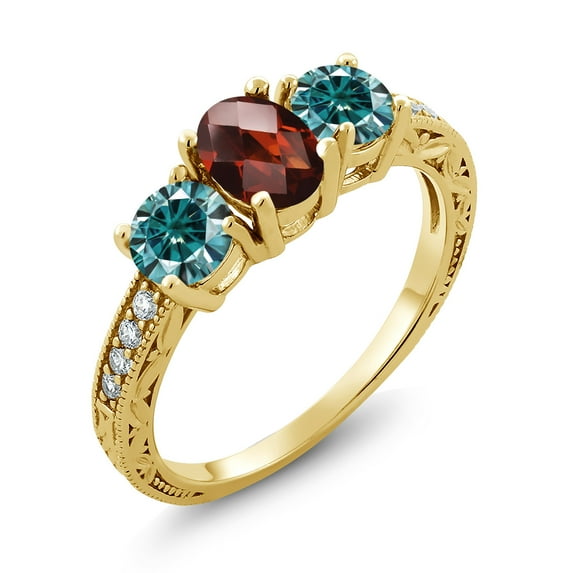 Gem Stone King 18K Yellow Gold Plated Silver Ring Checkerboard Garnet Blue Moissanite (2.12 Cttw) (Size 9)