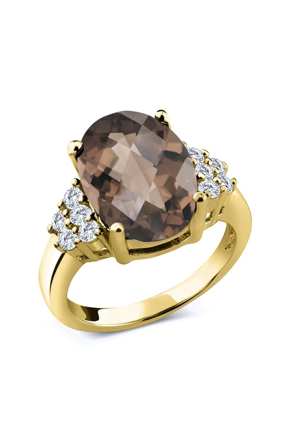 18K Yellow Gold Plated Silver Ring Oval Checkerboard Brown Smoky Quartz and Moissanite (5.18 Cttw, Size 5)