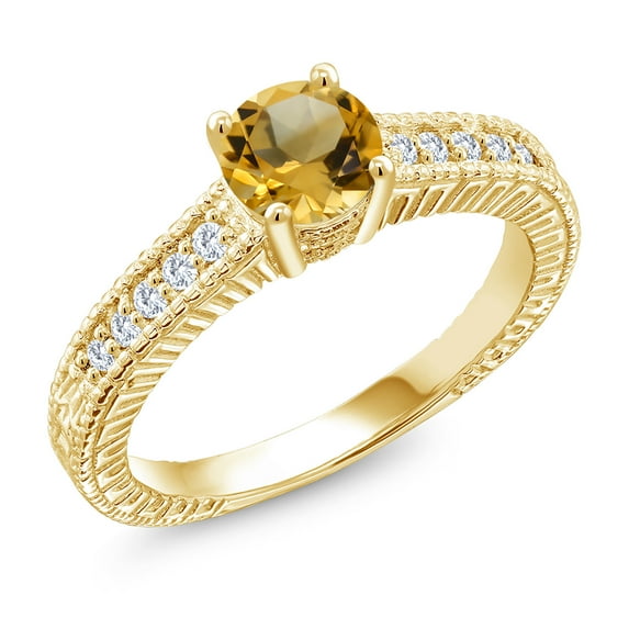 Gem Stone King 18K Yellow Gold Plated Silver Ring Round Yellow Citrine and Moissanite (0.95 Cttw, Size 5)