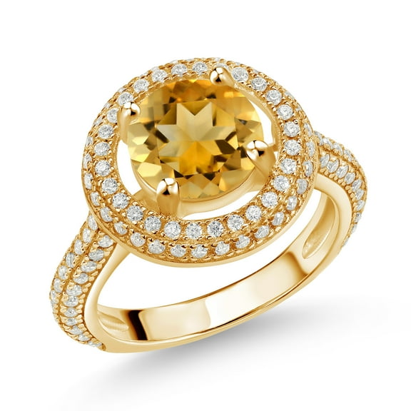 Gem Stone King 18K Yellow Gold Plated Silver Ring Round Yellow Citrine and Moissanite (2.17 Cttw, Size 9)