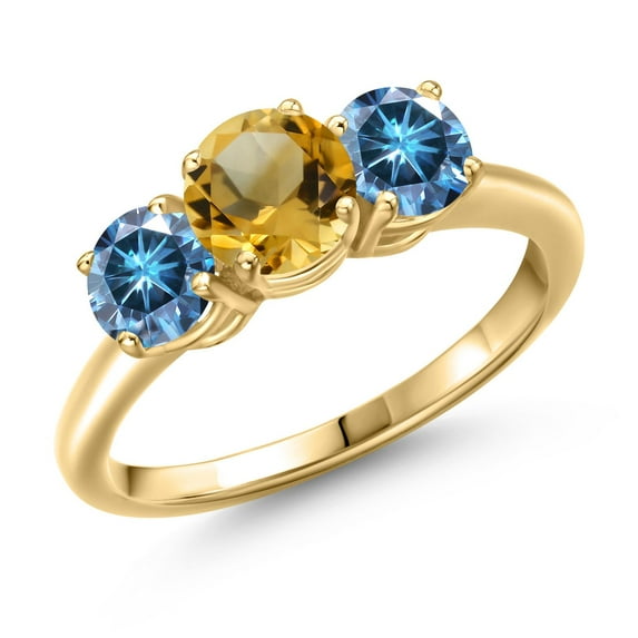 Gem Stone King 18K Yellow Gold Plated Silver Yellow Citrine and Persian Blue Moissanite Engagement Ring for Women | 1.80 Cttw | Round 6MM | Gemstone November Birthstone | Size 9