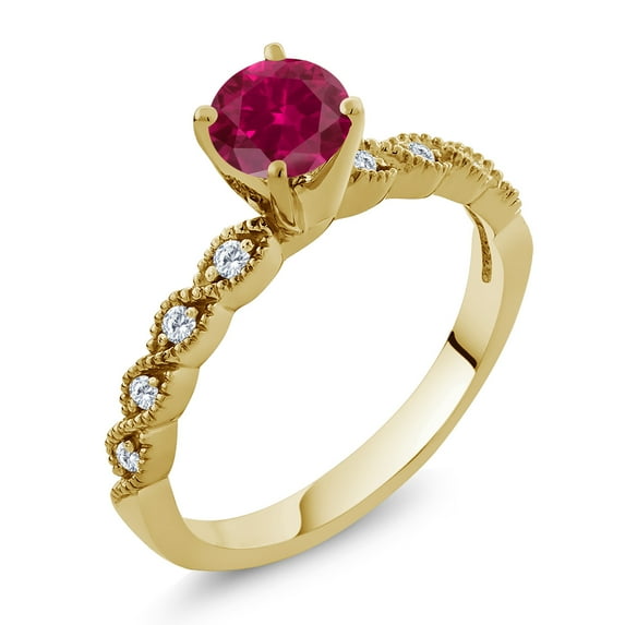 Gem Stone King 18K Yellow Gold Plated Silver Ring Round Red Created Ruby and Moissanite (1.12 Cttw, Size 9)