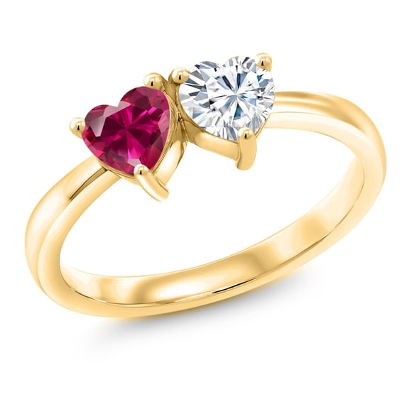 Gem Stone King 18K Yellow Gold Plated Silver Fashion Right-Hand Ring Set with Heart Shape Red Created Ruby and Moissanite (1.10 Cttw, Size 6)