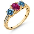 thumbnail image 1 of Gem Stone King 18K Yellow Gold Plated Silver 3-Stone Ring Oval Red Created Ruby and Vivid Persian Blue Moissanite (1.97 Cttw, Size 9), 1 of 6