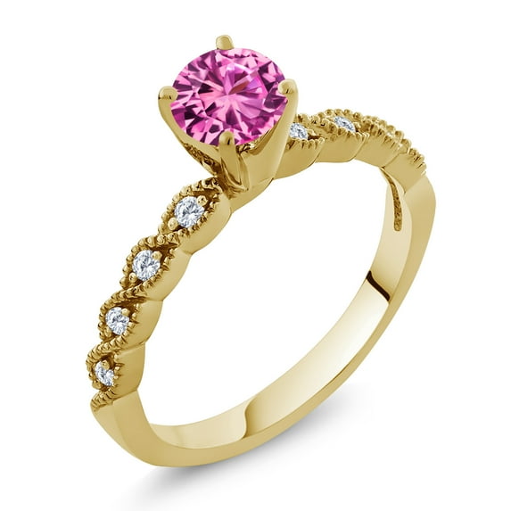 Gem Stone King 18K Yellow Gold Plated Silver Ring Round Pink Created Sapphire and Moissanite (1.12 Cttw, Size 7)