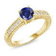 thumbnail image 1 of Gem Stone King 18K Yellow Gold Plated Silver Ring Round Blue Created Sapphire and Moissanite (1.15 Cttw, Size 5), 1 of 5