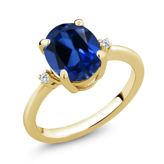 Gem Stone King 18K Yellow Gold Plated Silver Ring Oval Blue Created Sapphire and Moissanite (3.33 Cttw, Size 6)