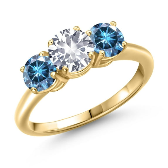 Gem Stone King 18K Yellow Gold Plated Silver White Created Sapphire and Persian Blue Moissanite Engagement Ring for Women | 2.00 Cttw | Round 6MM | Gemstone September Birthstone | Size 9