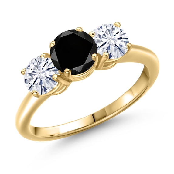 Gem Stone King 18K Yellow Gold Plated Silver Black Diamond and White Moissanite Engagement Ring for Women | 2.05 Cttw | Round 6MM | Gemstone April Birthstone | Size 8