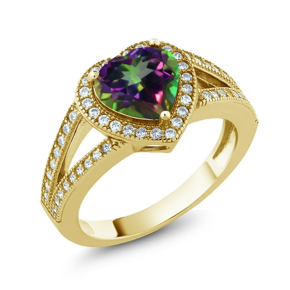Gem Stone King 18K Yellow Gold Plated Silver Ring Heart Shape Mystic Topaz and Moissanite (2.49 Cttw) (Size 9)
