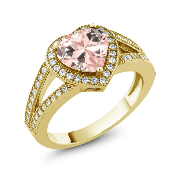 Gem Stone King 18K Yellow Gold Plated Silver Ring Heart Shape Nano Morganite and Moissanite (2.25 Cttw) (Size 7)