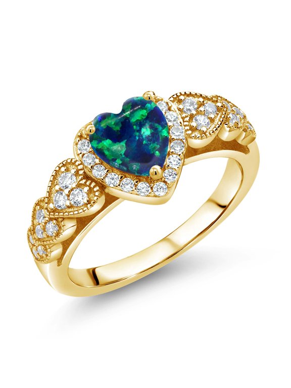 18K Yellow Gold Plated Silver Simulated Green Opal and White Moissanite Halo Ring for Women | 0.93 Cttw | Heart Shape 6MM | Gemstone October Birthstone | Size 6