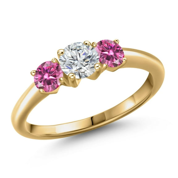 Gem Stone King 18K Yellow Gold Plated Silver Lab Grown Diamond and Pink Moissanite Engagement Ring for Women | 0.96 Cttw | Round 5MM | Gemstone April Birthstone | Size 9