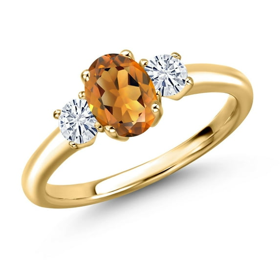 Gem Stone King 18K Yellow Gold Plated Silver Orange Red Madeira Citrine and White Moissanite Engagement Ring for Women | 1.02 Cttw | Oval 7X5MM | Gemstone November Birthstone | Size 8