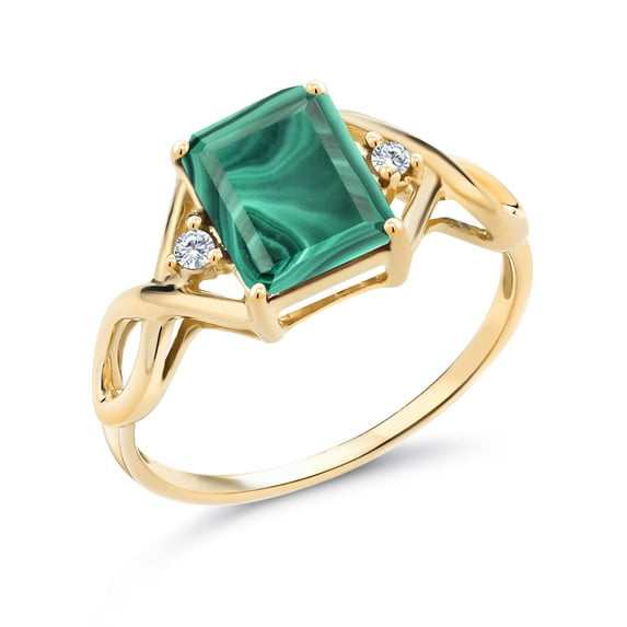 Gem Stone King 18K Yellow Gold Plated Silver Ring Emerald Cut Green Malachite and Moissanite (3.58 Cttw, Size 9)