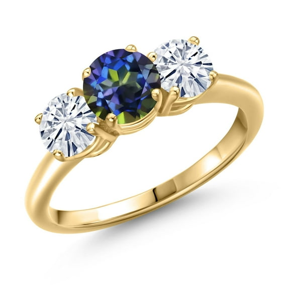 Gem Stone King 18K Yellow Gold Plated Silver Blue Mystic Topaz and White Moissanite Engagement Ring for Women | 2.00 Cttw | Round 6MM | Gemstone November Birthstone | Size 5