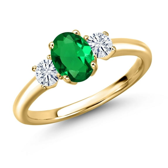 Gem Stone King 18K Yellow Gold Plated Silver Green Nano Emerald and White Moissanite Engagement Ring for Women | 0.92 Cttw | Oval 7X5MM | Gemstone May Birthstone | Size 7