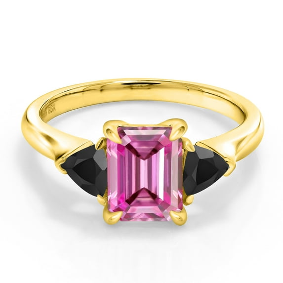 Gem Stone King 18K Yellow Gold Plated Silver 3-Stone Ring Octagon Pink Moissanite and Onyx Black (1.99 Cttw, Size 6)