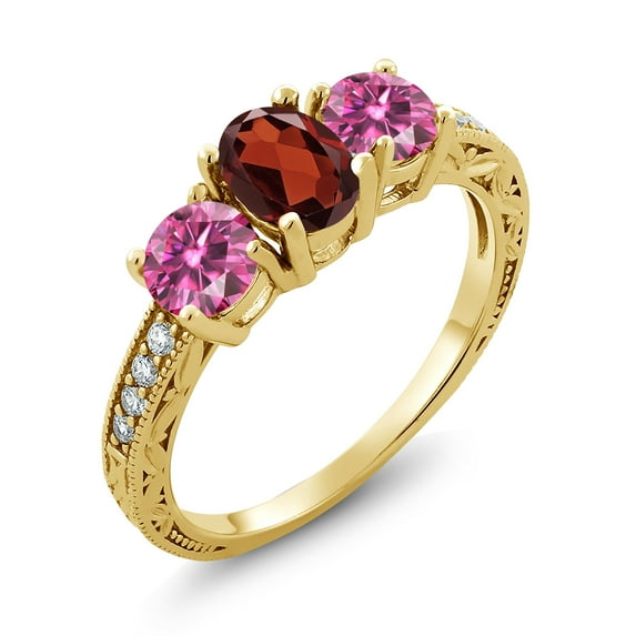 Gem Stone King 18K Yellow Gold Plated Silver Ring Oval Garnet Pink Moissanite (1.99 Cttw) (Size 9)