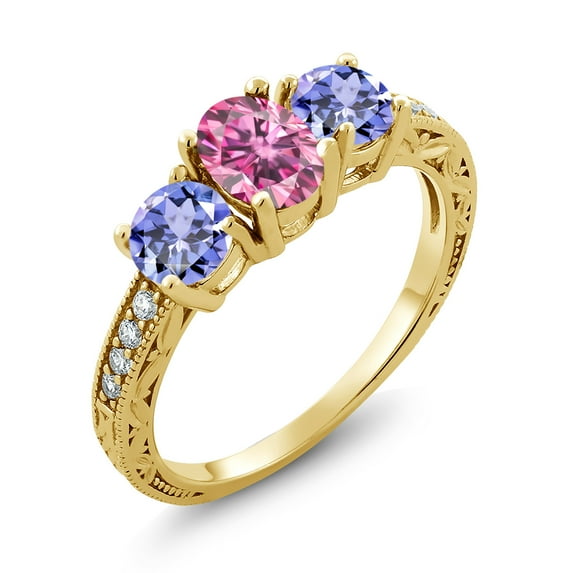 Gem Stone King 18K Yellow Gold Plated Silver 3-Stone Ring Oval Pink Moissanite and Tanzanite Blue (1.94 Cttw, Size 9)