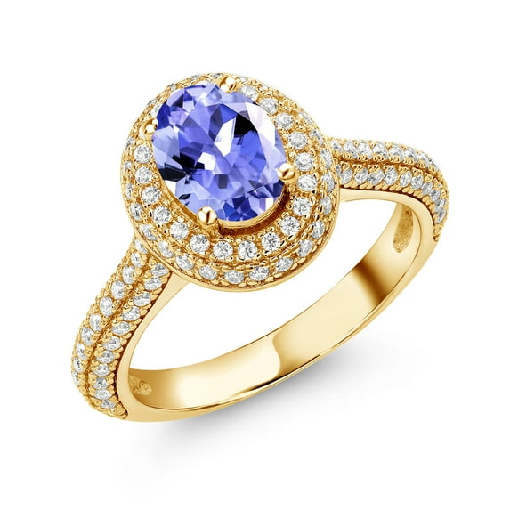 Gem Stone King 18K Yellow Gold Plated Silver Ring Oval Tanzanite Moissanite (1.80 Cttw)