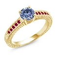 thumbnail image 1 of Gem Stone King 18K Yellow Gold Plated Silver Ring Round Persian Blue Moissanite and Created Ruby Red (0.95 Cttw, Size 5), 1 of 5